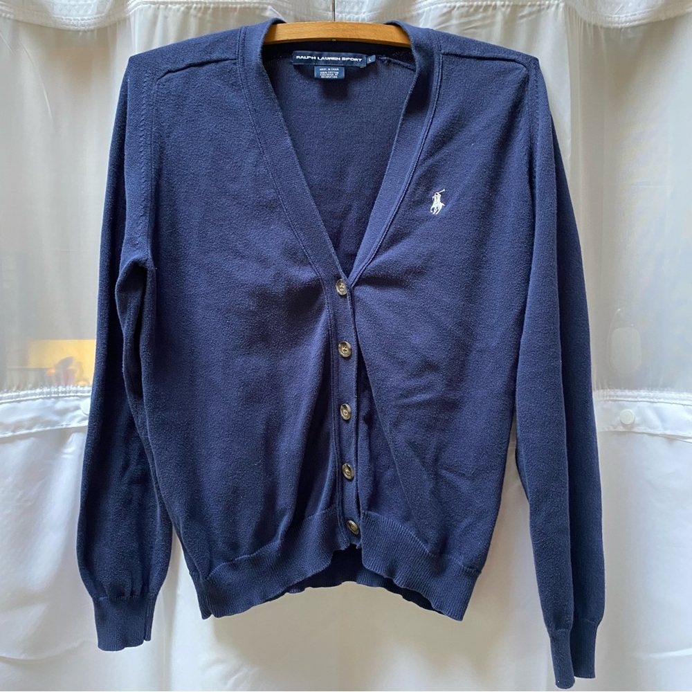 Ralph Lauren Sport Navy Blue Lightweight Button Down Cardigan White Polo Logo